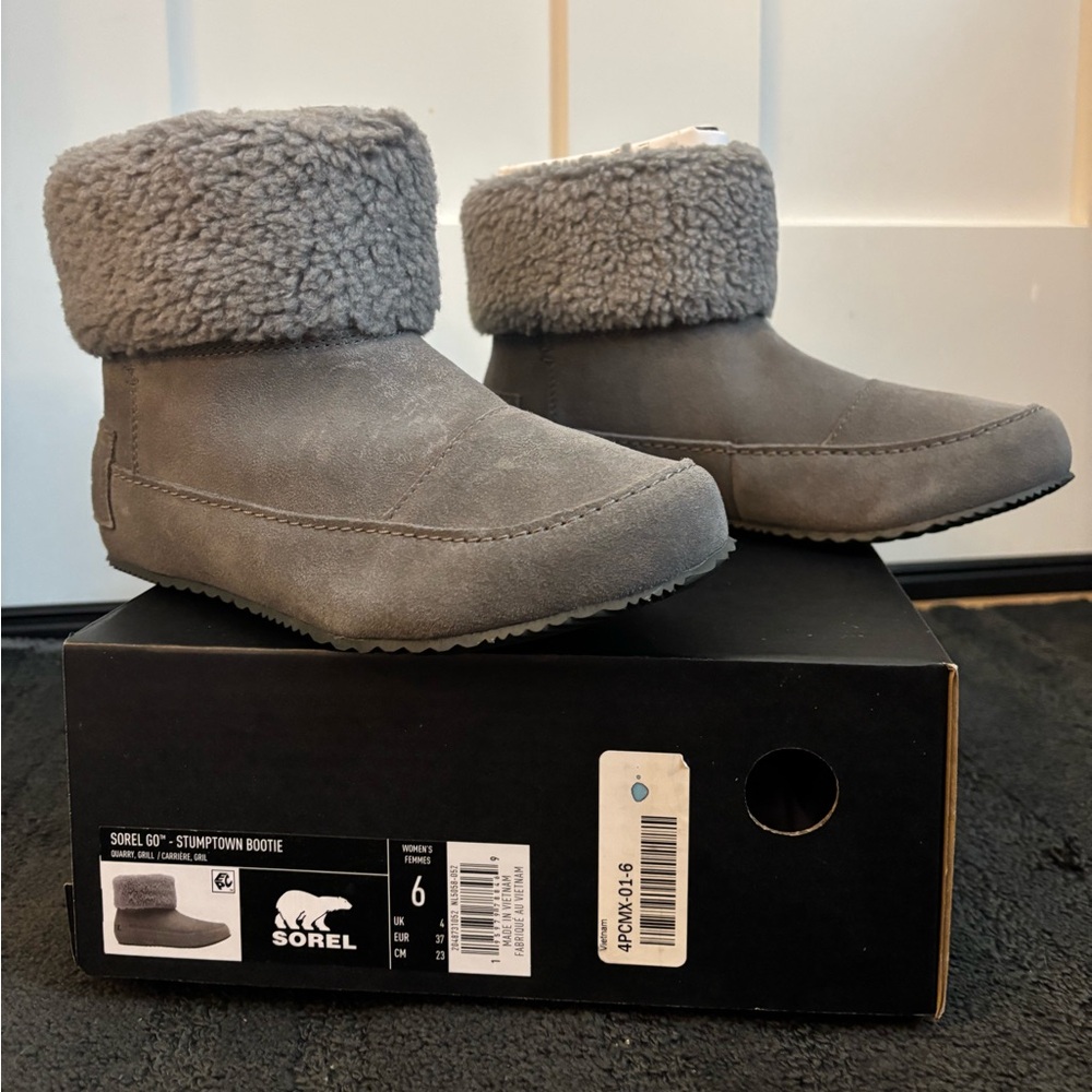 NIB Sorel Stumptown Gray Fleece-Lined Bootie women’s size 6.